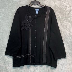 KORET Women's Cardigan Sweater Size 1X Black Embellished Ribbon Embroidery
